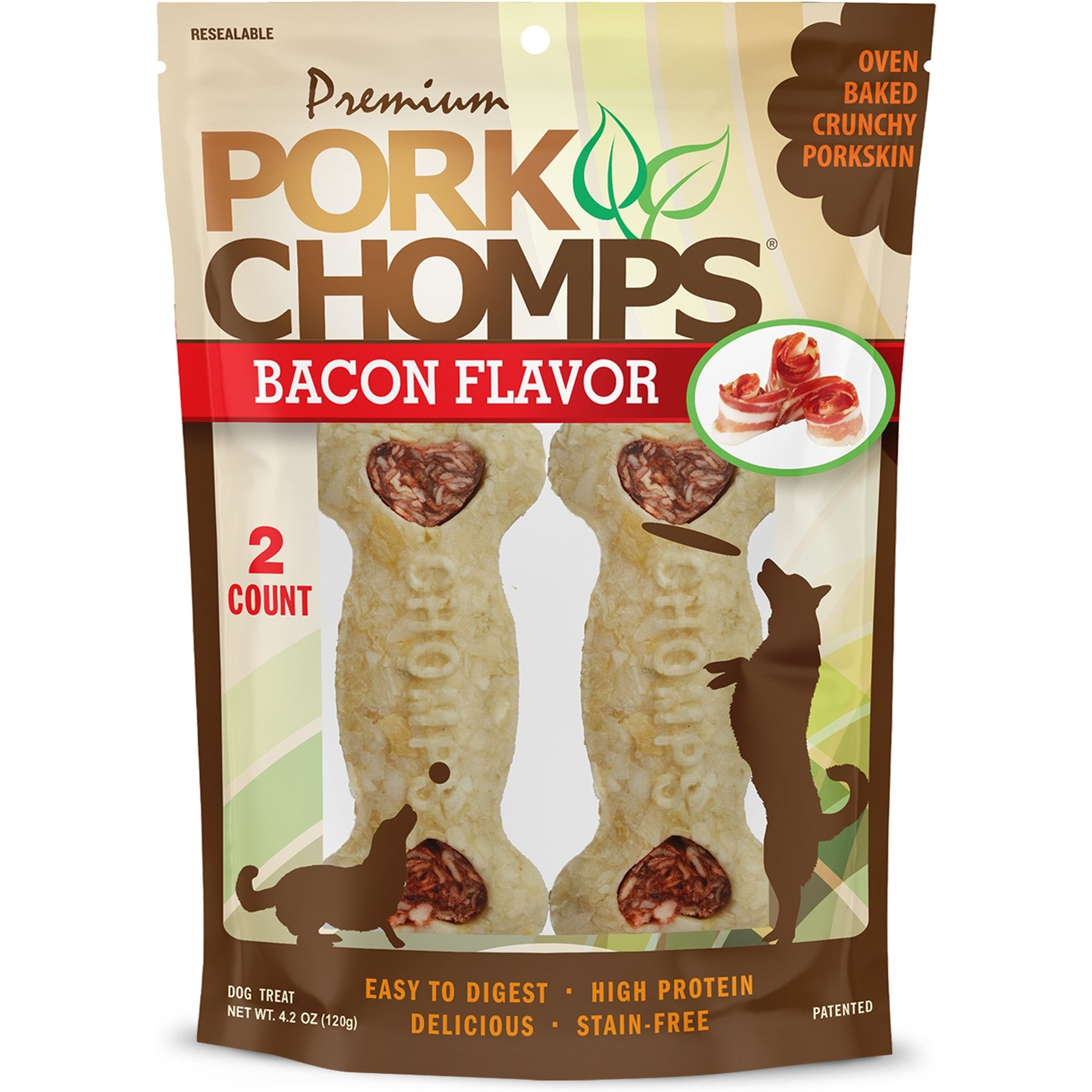 Premium Pork Chomps Bacon Crunchy Bone Dog Treats, 4-inch bone, 2 pack