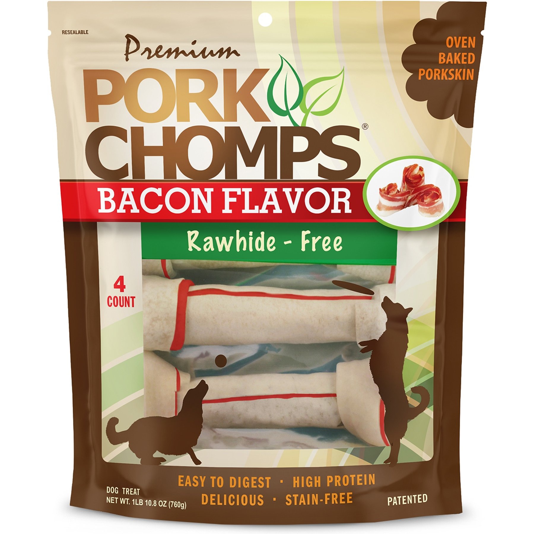 Premium Pork Chomps Bacon Knotz Dog Treats, 10 to 11-inch bone, 4ct