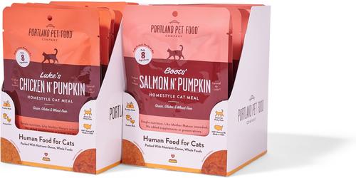 Show full view: Portland Pet Food Company Boots' Salmon & Luke's Chicken Homestyle Variety Pack Grain-Free Puree Wet Cat Food, 2.6-oz pouch, case of 8 slide 3 of 4