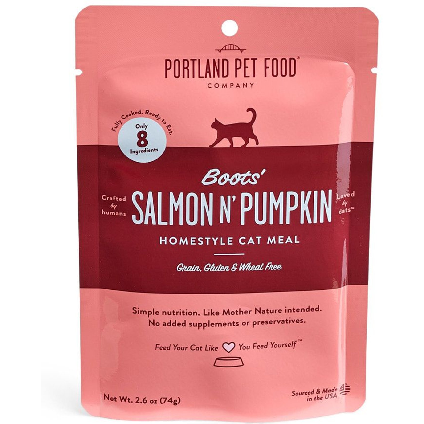 Portland Pet Food Company Boots' Salmon N' Pumpkin Homestyle Grain-Free Puree Wet Cat Food, 2.6-oz pouch, case of 8