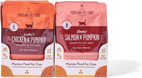 Show full view: Portland Pet Food Company Boots' Salmon N' Pumpkin Homestyle Grain-Free Puree Wet Cat Food, 2.6-oz pouch, case of 8 slide 5 of 5