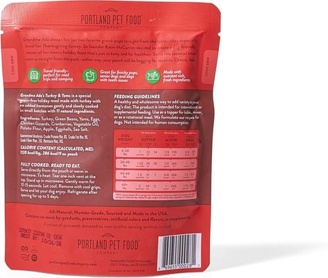 Show full view: Portland Pet Food Company Grandma Ada's Turkey & Yams Homestyle Wet Dog Food Topper, 9-oz pouch, case of 4 slide 3 of 11
