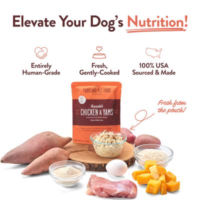 Show full view: Portland Pet Food Company Tuxedo's Chicken & Yams Homestyle Wet Dog Food Topper, 9-oz pouch, case of 4 slide 4 of 10