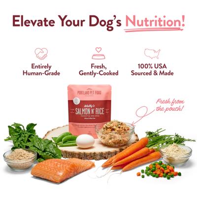 Show full view: Portland Pet Food Company Wally's Salmon N' Rice Homestyle Wet Dog Food Topper, 9-oz pouch, case of 4 slide 4 of 10