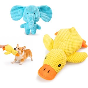 Potaroma Calming Duck & Elephant Tough Squeaky Dog Chew Toy, Yellow & Blue, 2 count