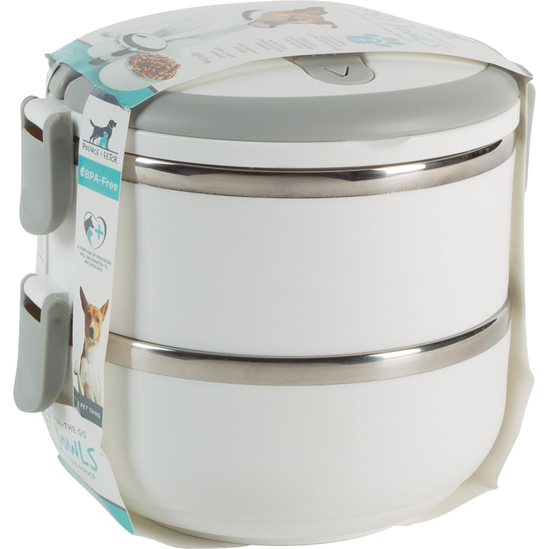 Pounce + Fetch Round 2-Tier Stainless Steel Insulated Cat & Dog Bowls, White, 48-oz