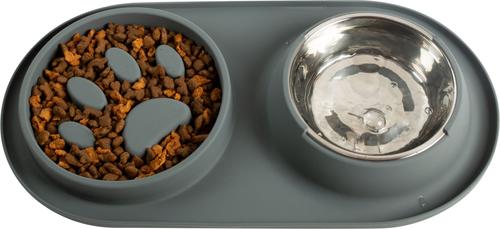 Show full view: Pounce + Fetch Silicone Double Bowl Slow Feeder, 10-oz, Grey slide 2 of 7