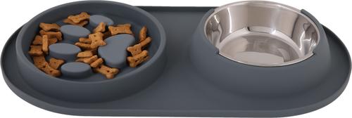 Show full view: Pounce + Fetch Silicone Double Bowl Slow Feeder, 10-oz, Grey slide 3 of 7