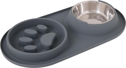 Show full view: Pounce + Fetch Silicone Double Bowl Slow Feeder, 10-oz, Grey slide 4 of 7