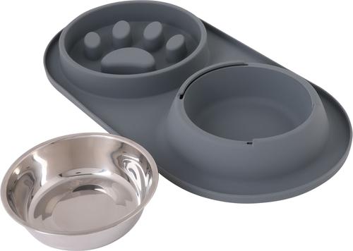 Show full view: Pounce + Fetch Silicone Double Bowl Slow Feeder, 10-oz, Grey slide 5 of 7