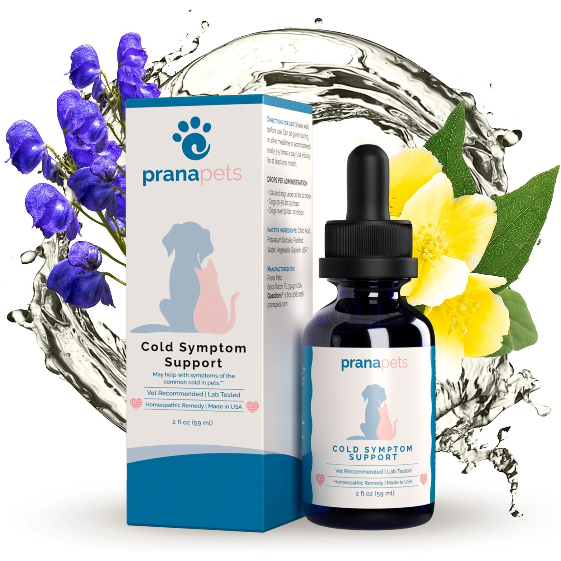 Prana Pets Cold Symptom Support for Sneezing, Coughing, Wheezing Liquid Supplement for Cats & Dogs, 2-oz bottle