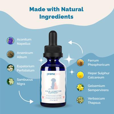 Show full view: Prana Pets Cold Symptom Support for Sneezing, Coughing, Wheezing Liquid Supplement for Cats & Dogs, 2-oz bottle slide 4 of 9