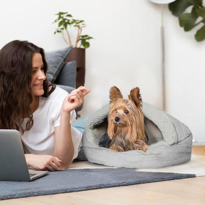 Show full view: Precious Tails Herringbone Canvas Fleece Deep Dish Covered Cat & Dog Bed, Gray, Small slide 5 of 9