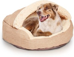 Precious Tails Herringbone Canvas Fleece Deep Dish Covered Cat & Dog Bed, Mocha, Large