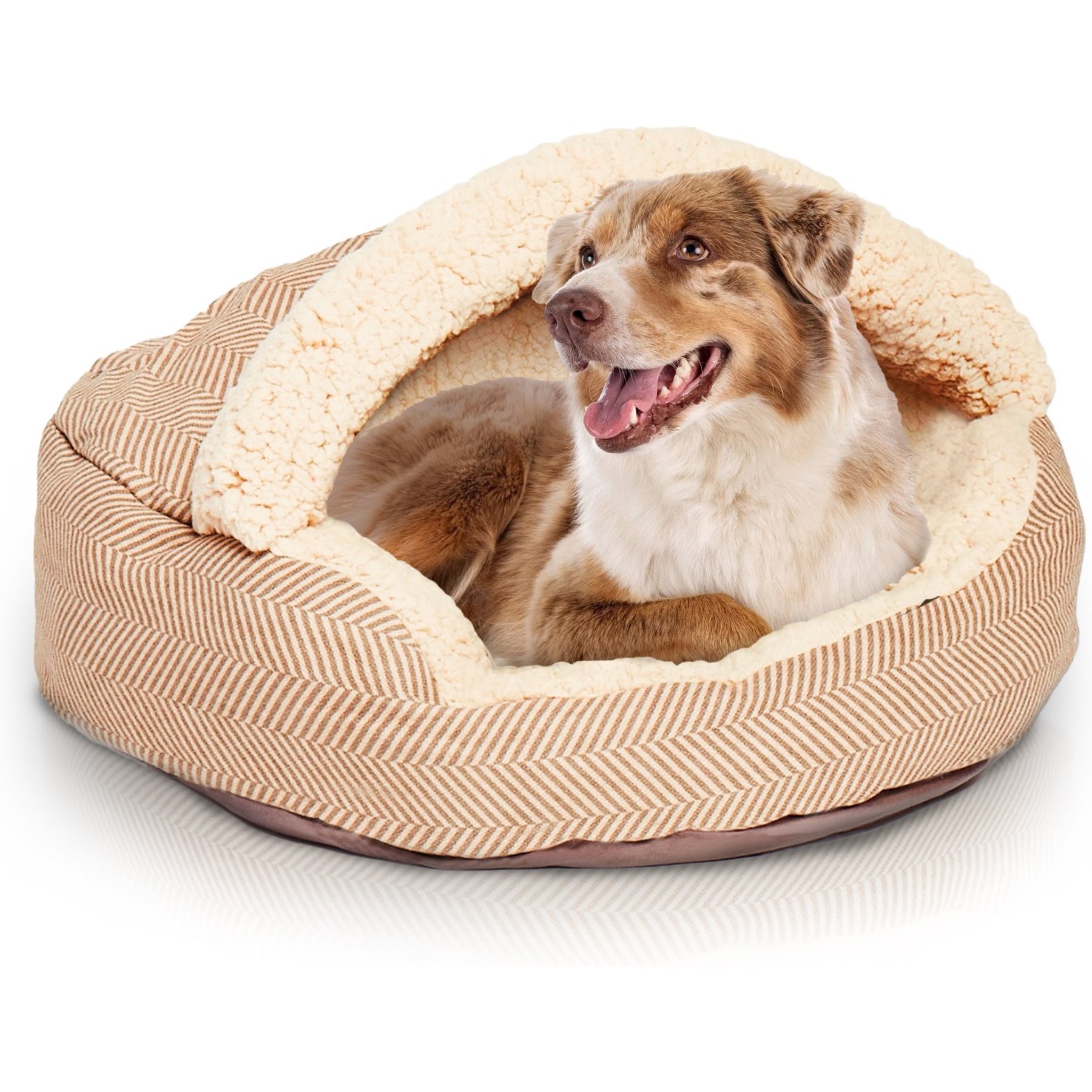 Precious Tails Herringbone Canvas Fleece Deep Dish Covered Cat & Dog Bed, Mocha, Medium