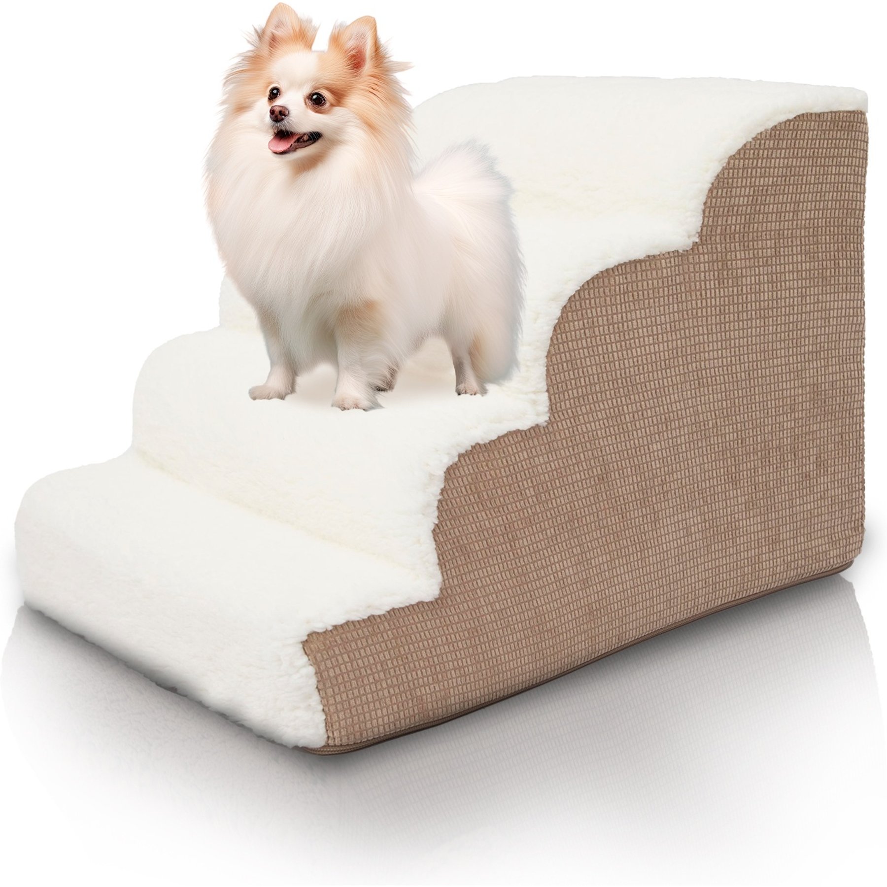 Precious Tails High Density Foam Scalloped Sherpa Top 4 Steps Dog & Cat Stair, Camel