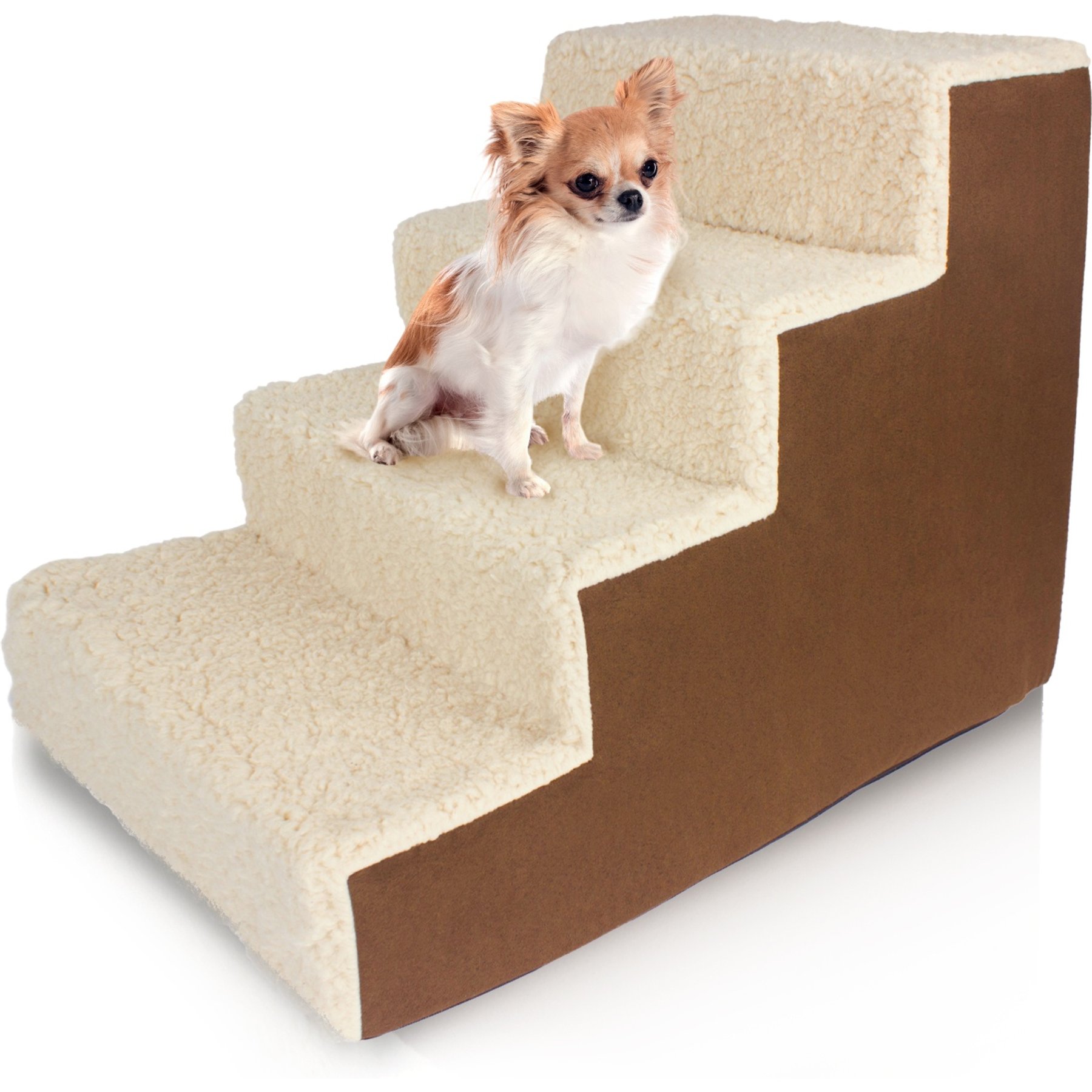 Precious Tails High Density Foam Sherpa 4 Steps Dog & Cat Stairs, Brown