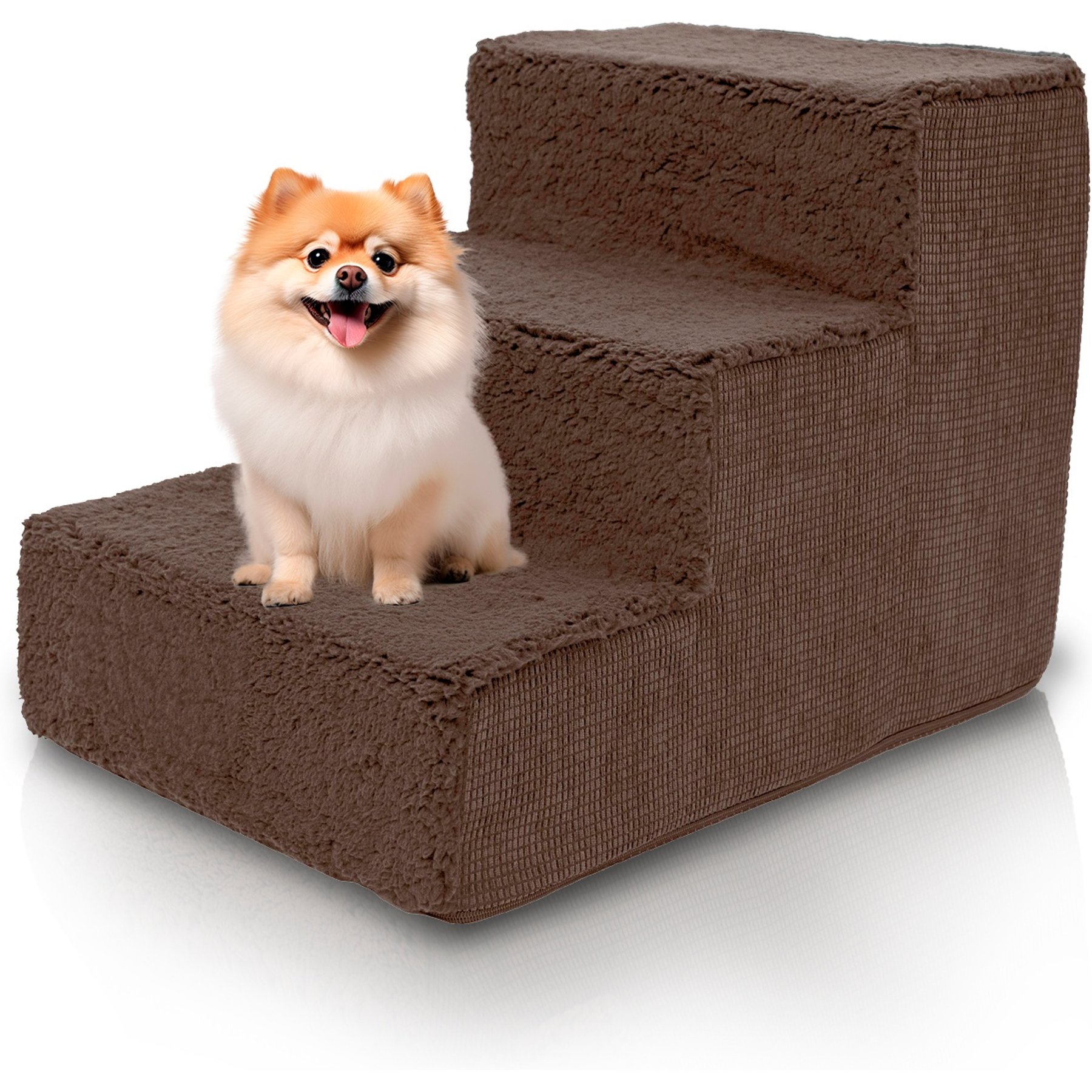 Precious Tails High Density Foam Sherpa Top 3 Steps Dog & Cat Stair, Brown