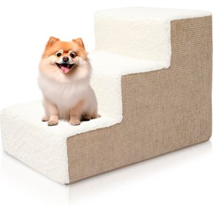 Precious Tails High Density Foam Sherpa Top 3 Steps Dog & Cat Stair, Camel