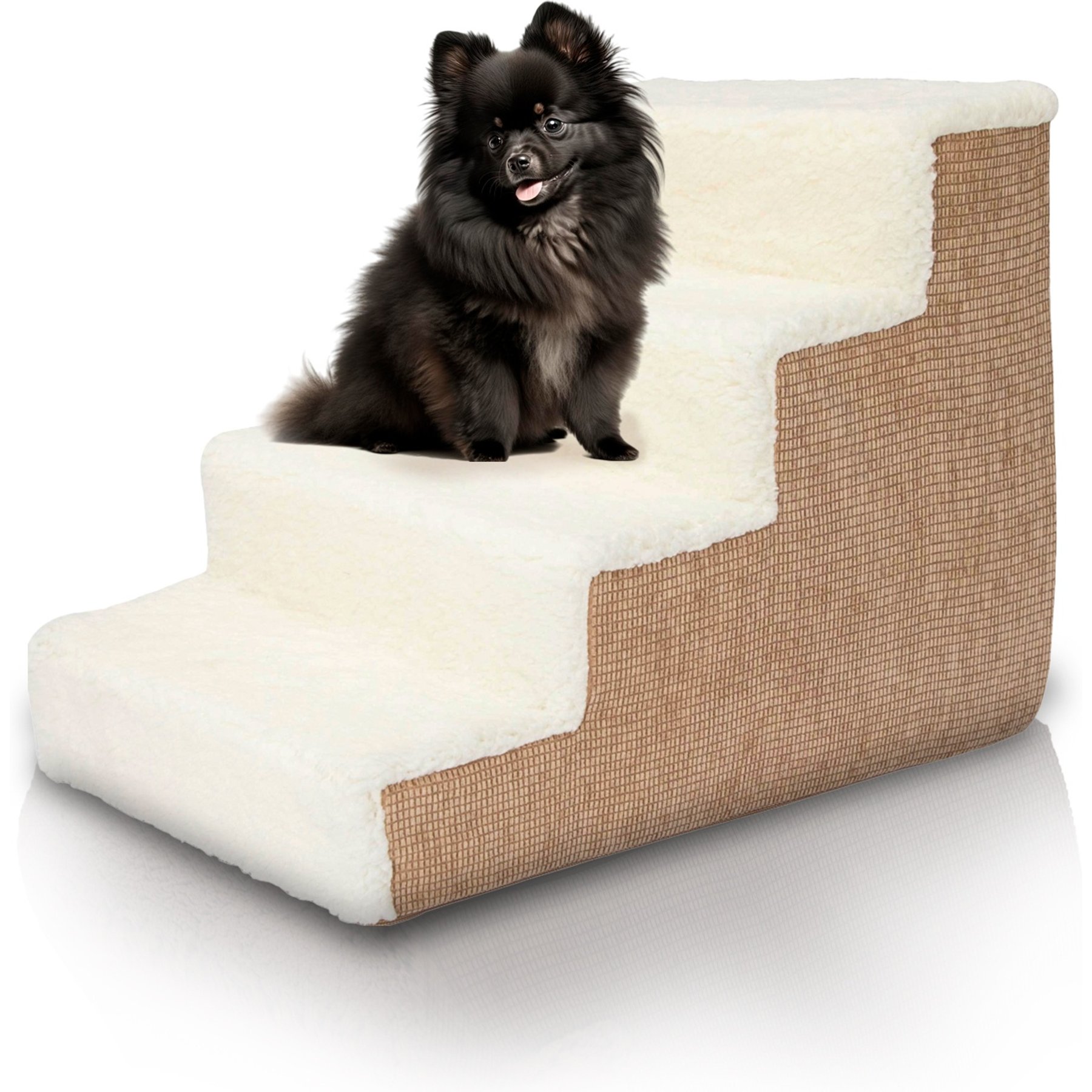 Precious Tails High Density Foam Sherpa Top 4 Steps Dog & Cat Stair, Camel