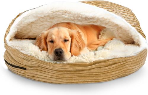 Show full view: Precious Tails Plush Corduroy & Sherpa Lined Covered Cat & Dog Bed, Camel, Small slide 1 of 8