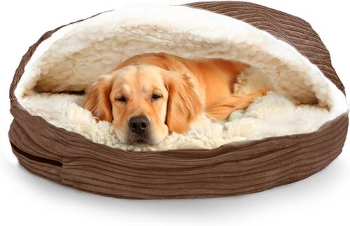Show full view: Precious Tails Plush Corduroy & Sherpa Lined Covered Cat & Dog Bed, Coffee, Large slide 1 of 10