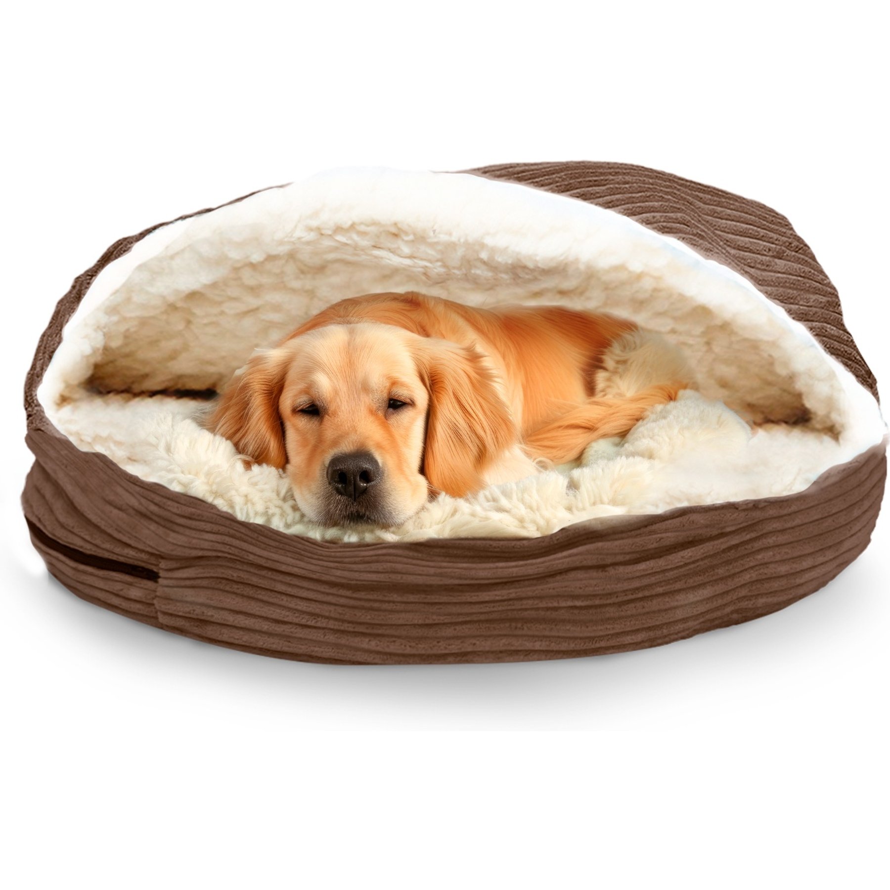 Precious Tails Plush Corduroy & Sherpa Lined Covered Cat & Dog Bed, Coffee, Small