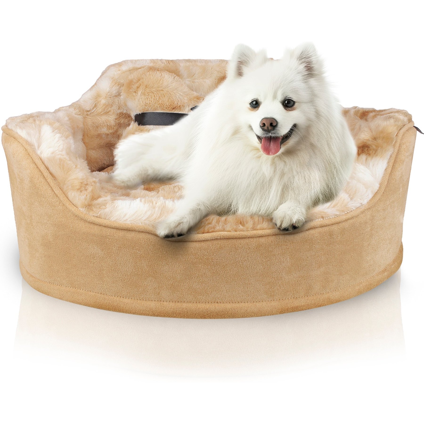 Precious Tails Princess Faux Fur Bolster Cat & Dog Bed with Removable Cover, Camel