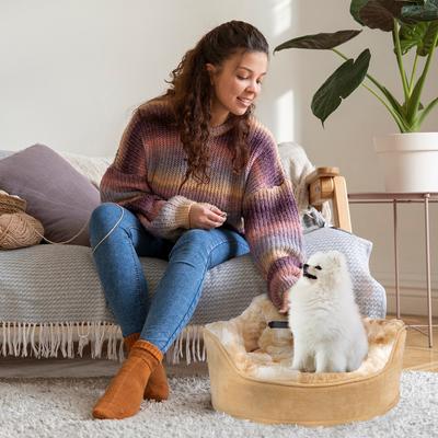 Show full view: Precious Tails Princess Faux Fur Bolster Cat & Dog Bed with Removable Cover, Camel slide 4 of 8