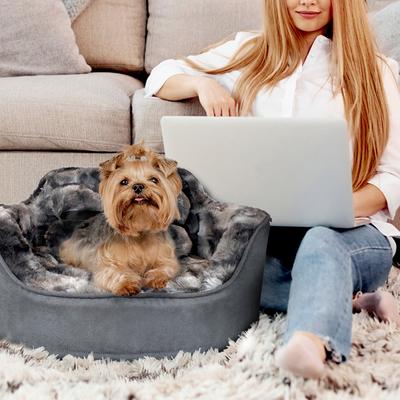 Show full view: Precious Tails Princess Faux Fur Bolster Cat & Dog Bed with Removable Cover, Gray slide 4 of 8