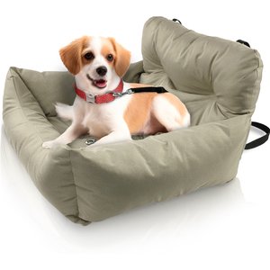 Precious Tails Seat Belt Compatible Travel Bolster Cat & Dog Bed, Khaki, Small