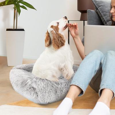 Show full view: Precious Tails Super Lux Shaggy Fur Bolster Cat & Dog Bed, Ice Gray, Large slide 6 of 10