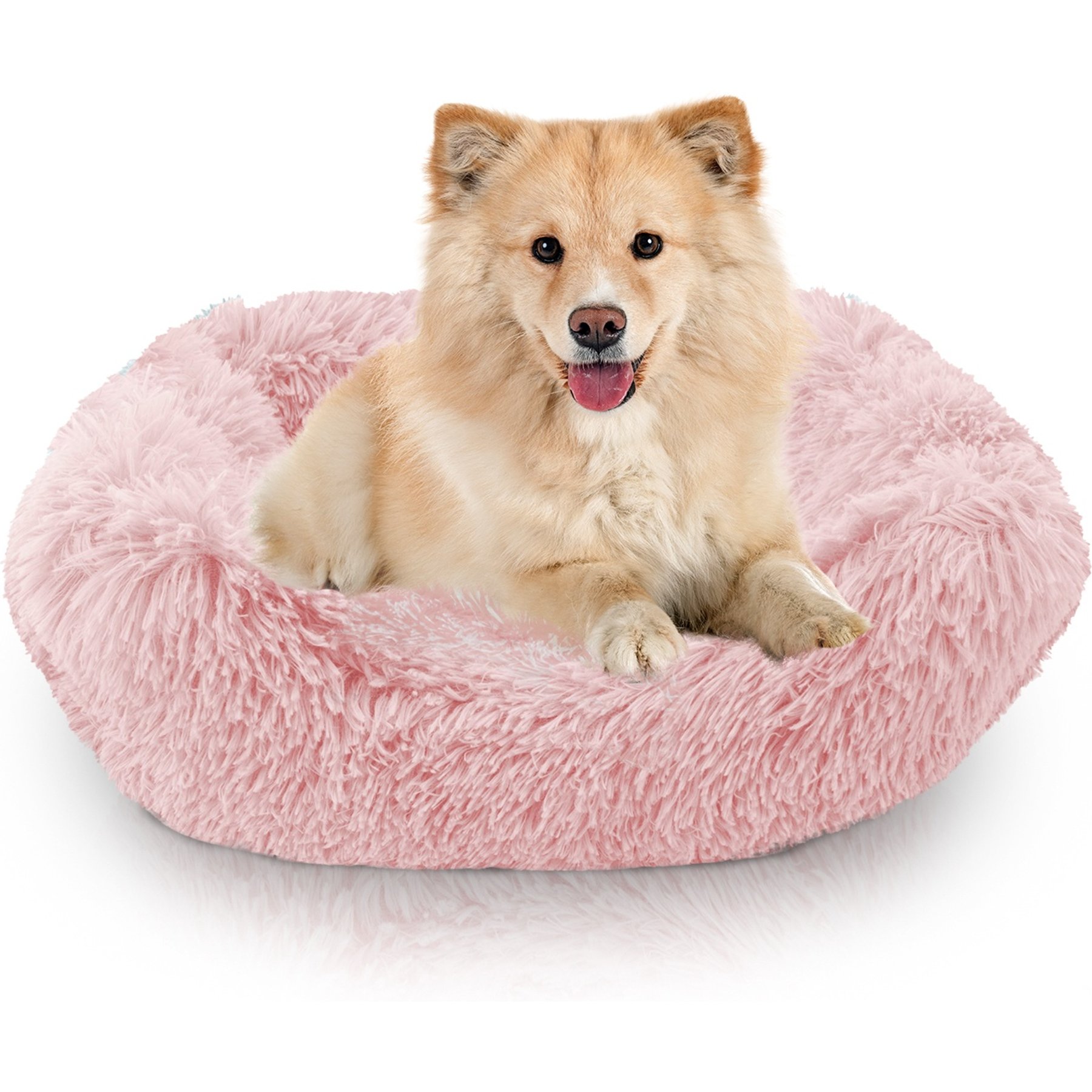 Precious Tails Super Lux Shaggy Fur Bolster Cat & Dog Bed, Pink, Large