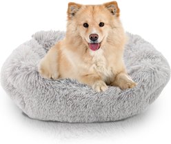 Precious Tails Super Lux Shaggy Fur Bolster Cat & Dog Bed with Removable Cover, Ice Gray, Medium
