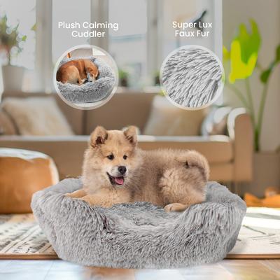 Show full view: Precious Tails Super Lux Shaggy Fur Bolster Cat & Dog Bed with Removable Cover, Ice Gray, Medium slide 3 of 10