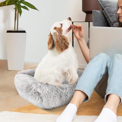 Show full view: Precious Tails Super Lux Shaggy Fur Bolster Cat & Dog Bed with Removable Cover, Ice Gray, Medium slide 6 of 10