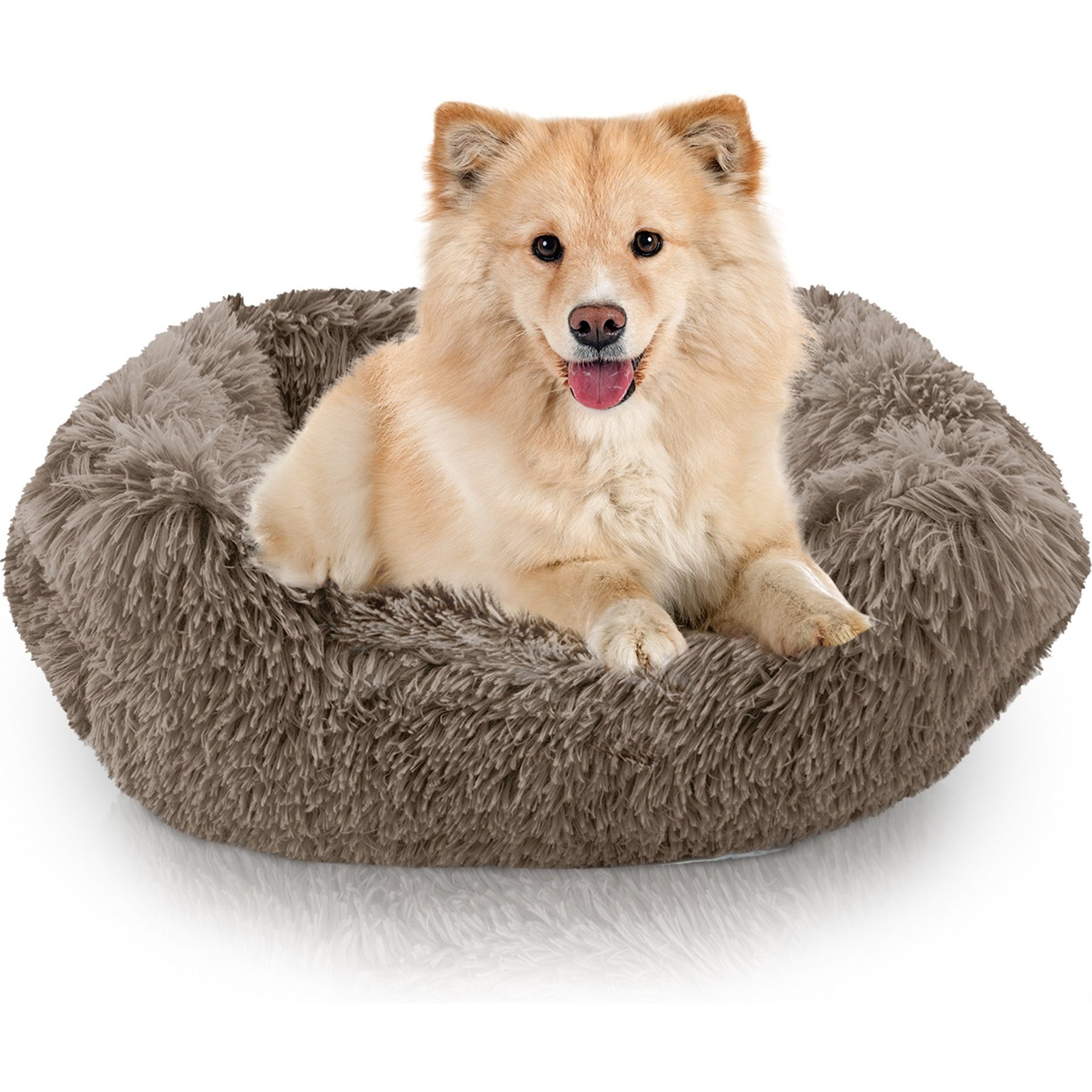 Precious Tails Super Lux Shaggy Fur Bolster Cat & Dog Bed with Removable Cover, Taupe, Medium