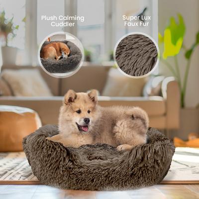 Show full view: Precious Tails Super Lux Shaggy Fur Bolster Cat & Dog Bed with Removable Cover, Taupe, Medium slide 4 of 11