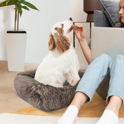 Show full view: Precious Tails Super Lux Shaggy Fur Bolster Cat & Dog Bed with Removable Cover, Taupe, Medium slide 7 of 11