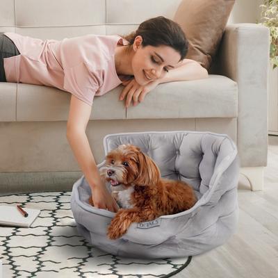 Show full view: Precious Tails Ultra Plush Mini Tufted Velvet Round Bolster Cat & Dog Bed, Gray slide 7 of 10