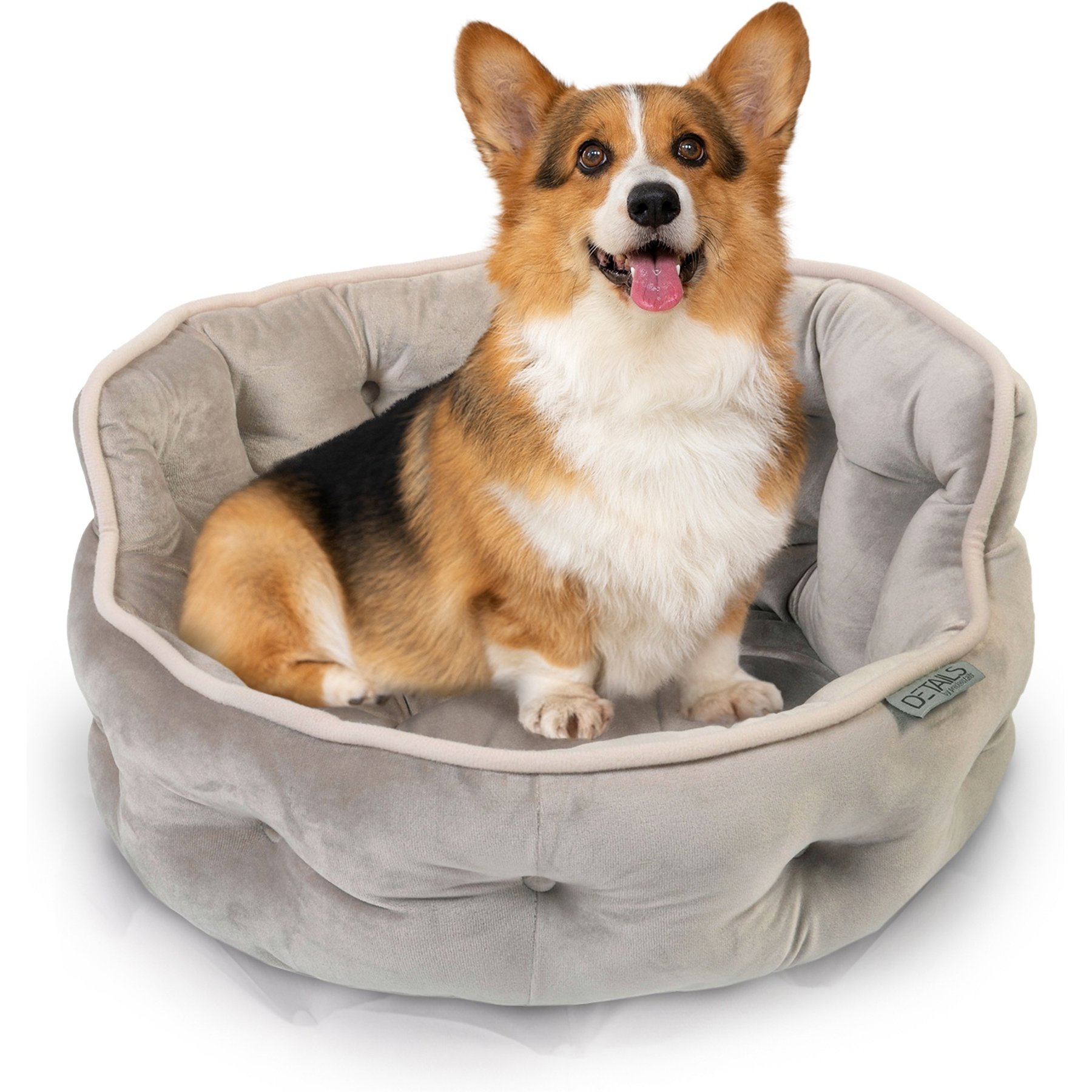 Precious Tails Ultra Plush Mini Tufted Velvet Round Bolster Cat & Dog Bed, Taupe