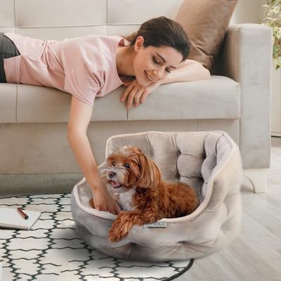 Show full view: Precious Tails Ultra Plush Mini Tufted Velvet Round Bolster Cat & Dog Bed, Taupe slide 6 of 9