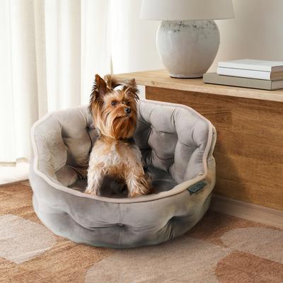 Show full view: Precious Tails Ultra Plush Mini Tufted Velvet Round Bolster Cat & Dog Bed, Taupe slide 7 of 9