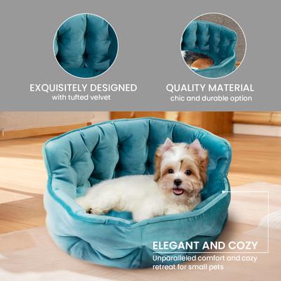 Show full view: Precious Tails Ultra Plush Mini Tufted Velvet Round Bolster Cat & Dog Bed, Teal slide 3 of 9