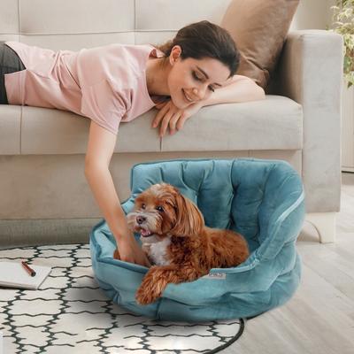 Show full view: Precious Tails Ultra Plush Mini Tufted Velvet Round Bolster Cat & Dog Bed, Teal slide 6 of 9