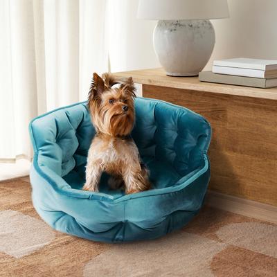 Show full view: Precious Tails Ultra Plush Mini Tufted Velvet Round Bolster Cat & Dog Bed, Teal slide 7 of 9