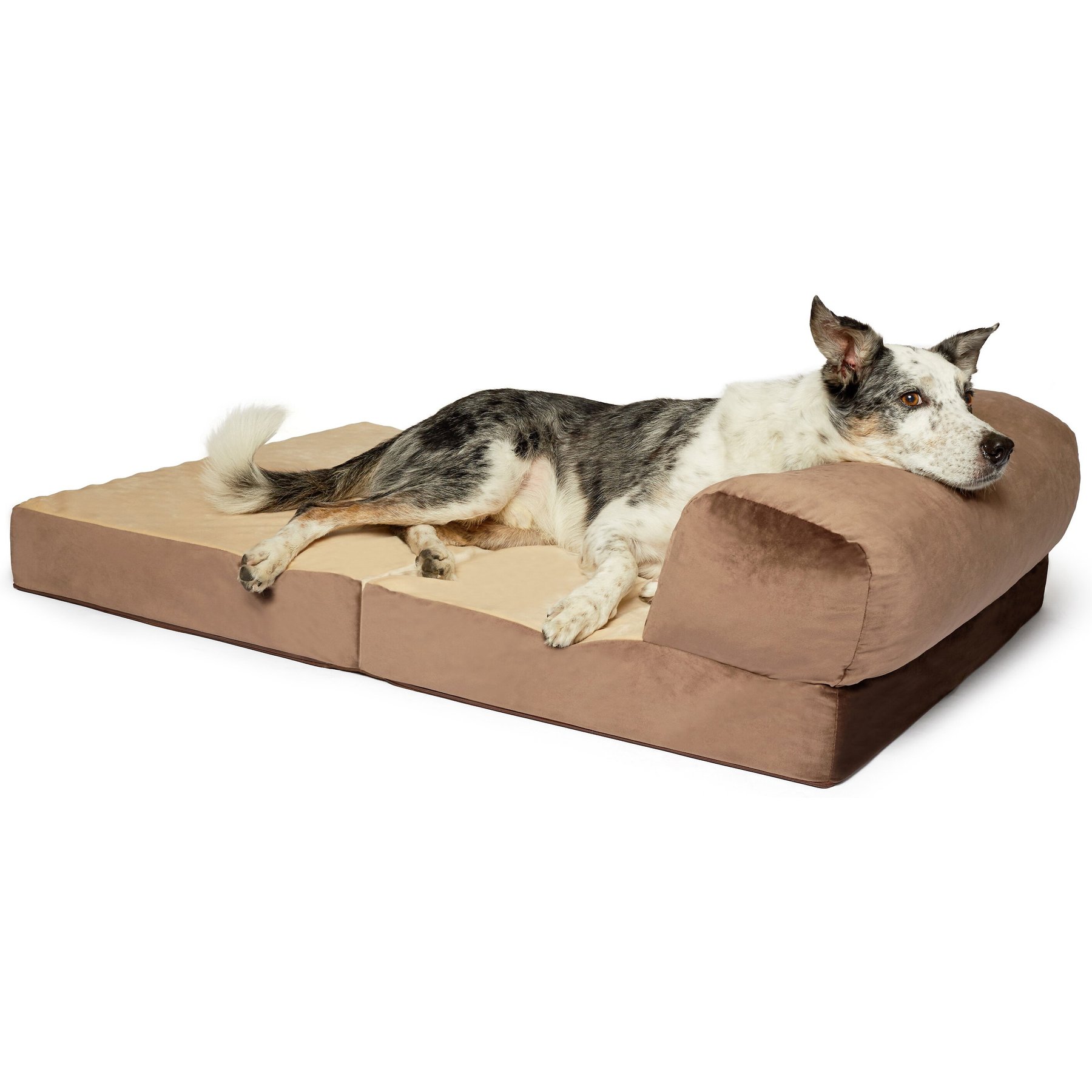 Precious Tails Velvet Foldable Foam Chaise Bolster Cat & Dog Bed, Mocha, Large