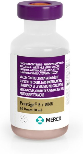 Show full view: PRESTIGE 5 + WNV Vaccine for Horses, 10-mL vial slide 1 of 9