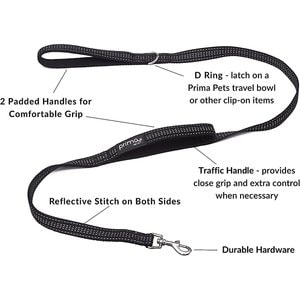 Prima Pets Dual-Handle Reflective Dog Leash, Medium, 4-ft, Black