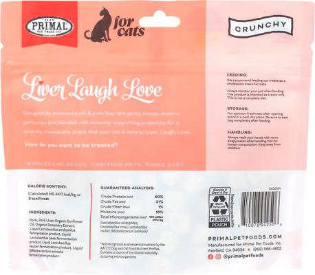 Show full view: Primal Liver, Laugh, Love for Cats! Simply Pork Flavored Crunchy Cat Treats, 1.5-oz bag slide 3 of 10